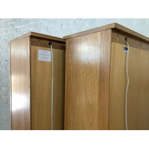 Pair Of Ercol Mural Glazed Cabinets In Light Finish.
