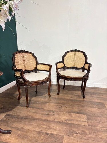 Pair Of French Louis XV Style Walnut Bergere Elbow Chairs
