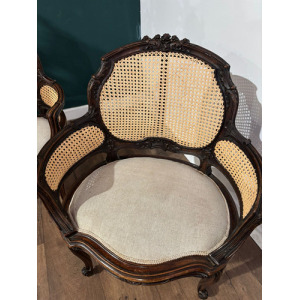 Pair Of French Louis XV Style Walnut Bergere Elbow Chairs
