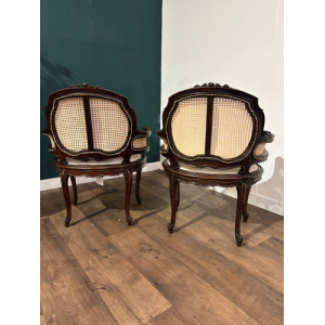 Pair Of French Louis XV Style Walnut Bergere Elbow Chairs