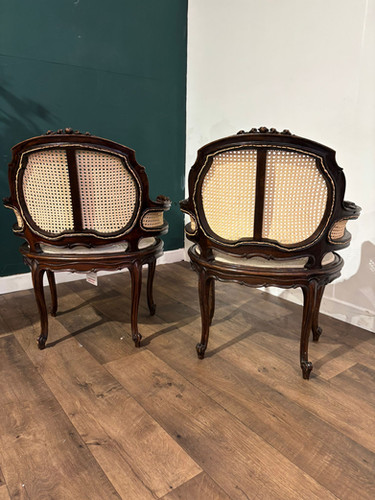 Pair Of French Louis XV Style Walnut Bergere Elbow Chairs