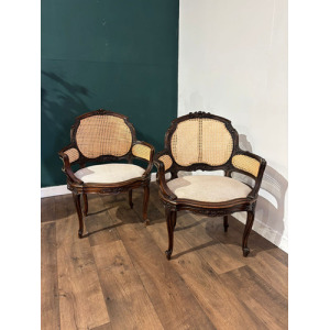 Pair Of French Louis XV Style Walnut Bergere Elbow Chairs