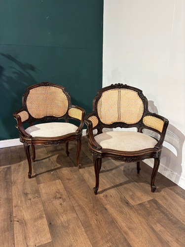 Pair Of French Louis XV Style Walnut Bergere Elbow Chairs