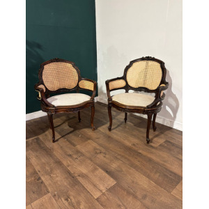 Pair Of French Louis XV Style Walnut Bergere Elbow Chairs