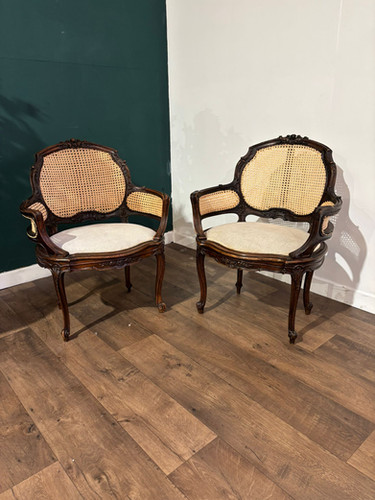Pair Of French Louis XV Style Walnut Bergere Elbow Chairs