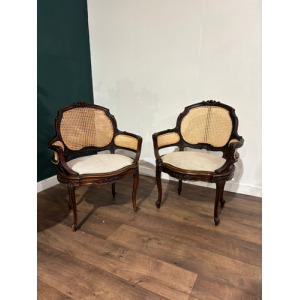 Pair Of French Louis XV Style Walnut Bergere Elbow Chairs