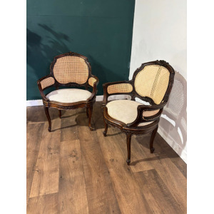 Pair Of French Louis XV Style Walnut Bergere Elbow Chairs