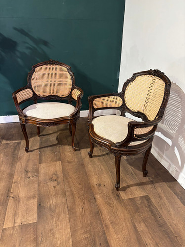 Pair Of French Louis XV Style Walnut Bergere Elbow Chairs