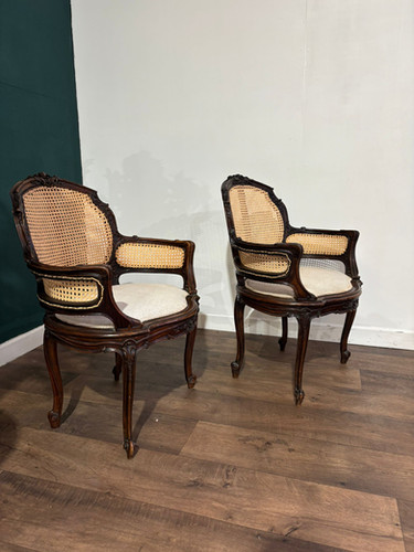 Pair Of French Louis XV Style Walnut Bergere Elbow Chairs