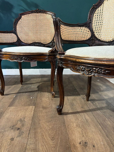 Pair Of French Louis XV Style Walnut Bergere Elbow Chairs