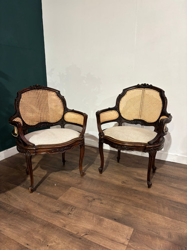 Pair Of French Louis XV Style Walnut Bergere Elbow Chairs