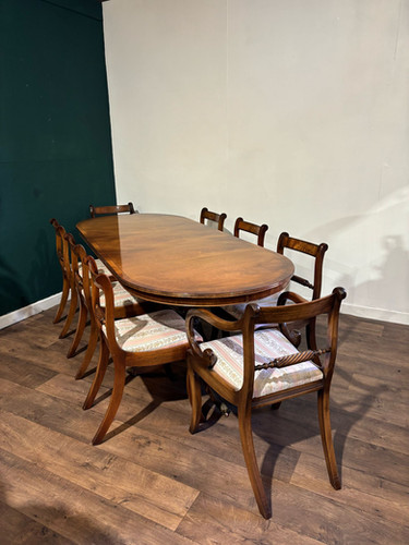Regency Style Mahogany Twin Pedestal Table With Eight Chairs