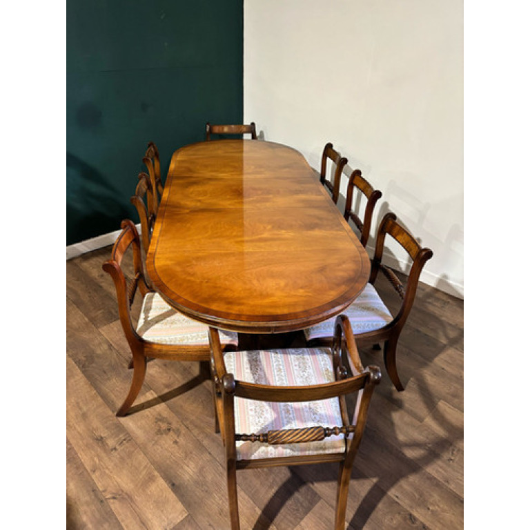 Regency Style Mahogany Twin Pedestal Table With Eight Chairs