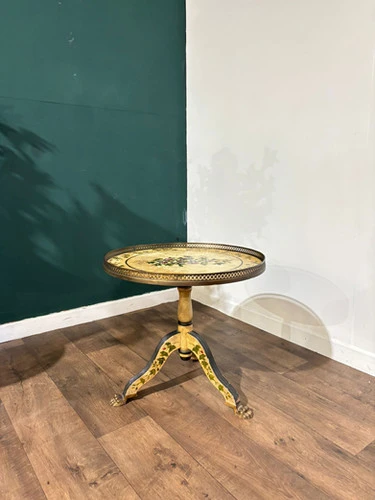 Reproduction Floral Painted Tripod Table With Brass Gallery