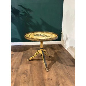 Reproduction Floral Painted Tripod Table With Brass Gallery