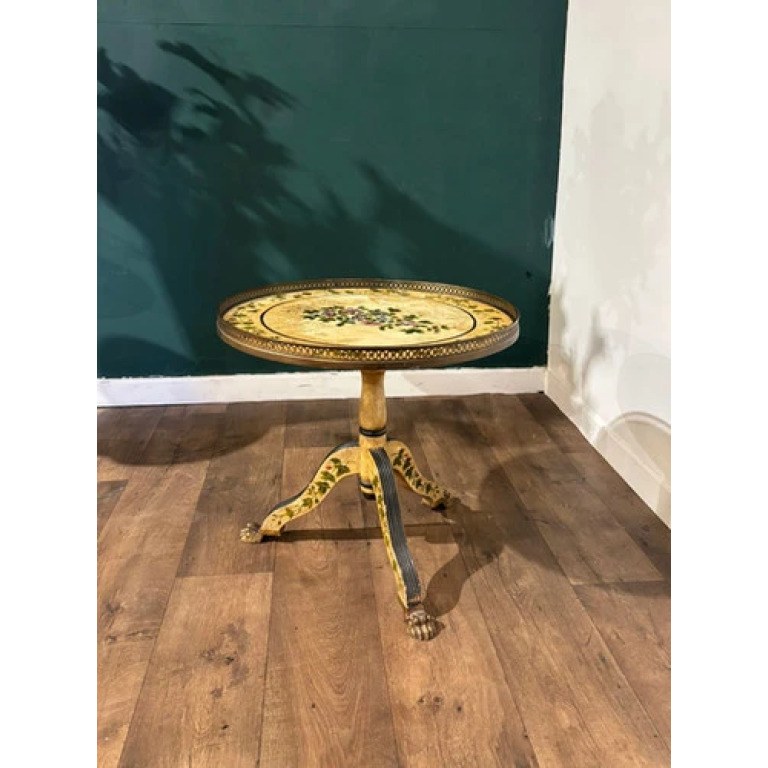 Reproduction Floral Painted Tripod Table With Brass Gallery