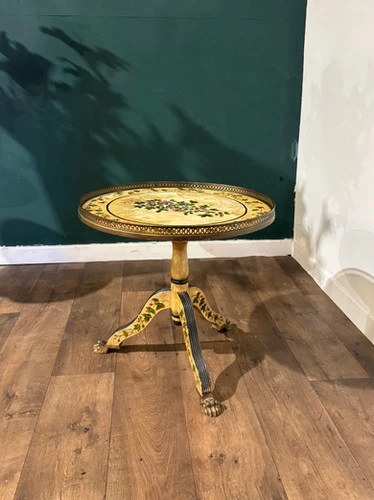 Reproduction Floral Painted Tripod Table With Brass Gallery