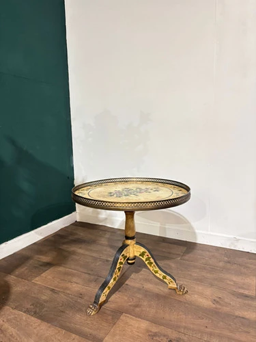 Reproduction Floral Painted Tripod Table With Brass Gallery