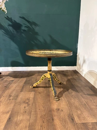 Reproduction Floral Painted Tripod Table With Brass Gallery