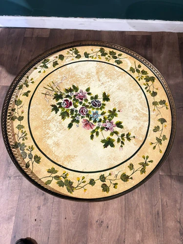 Reproduction Floral Painted Tripod Table With Brass Gallery