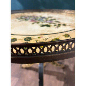 Reproduction Floral Painted Tripod Table With Brass Gallery