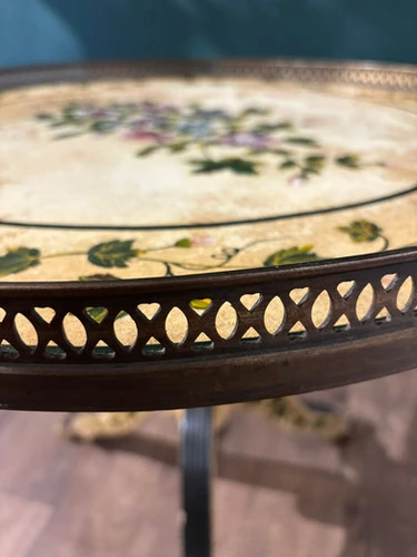 Reproduction Floral Painted Tripod Table With Brass Gallery