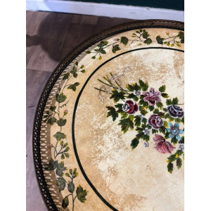 Reproduction Floral Painted Tripod Table With Brass Gallery