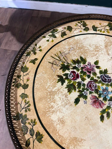 Reproduction Floral Painted Tripod Table With Brass Gallery