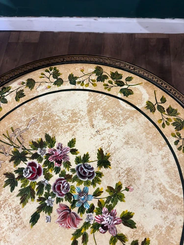 Reproduction Floral Painted Tripod Table With Brass Gallery