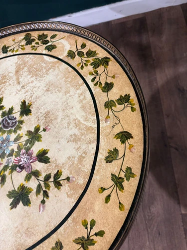 Reproduction Floral Painted Tripod Table With Brass Gallery
