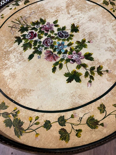 Reproduction Floral Painted Tripod Table With Brass Gallery