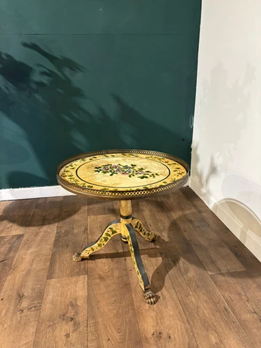 Reproduction Floral Painted Tripod Table With Brass Gallery