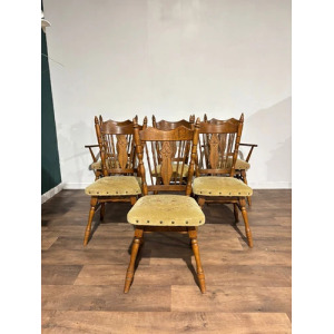 Six Vintage Oak Dining Chairs To Include Two Carvers