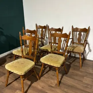 Six Vintage Oak Dining Chairs To Include Two Carvers