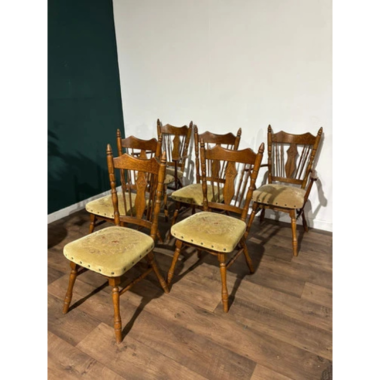 Six Vintage Oak Dining Chairs To Include Two Carvers