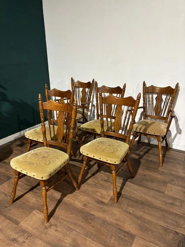 Six Vintage Oak Dining Chairs To Include Two Carvers