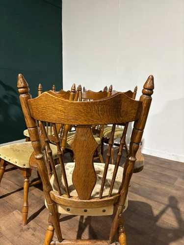 Six Vintage Oak Dining Chairs To Include Two Carvers