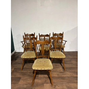 Six Vintage Oak Dining Chairs To Include Two Carvers