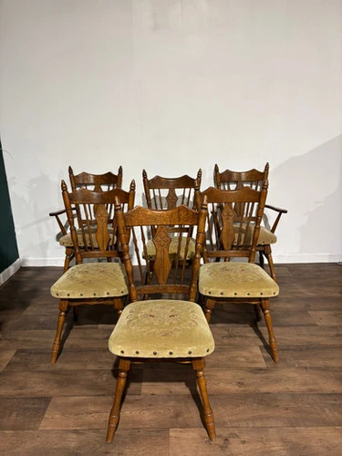 Six Vintage Oak Dining Chairs To Include Two Carvers