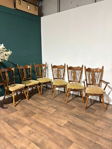 Six Vintage Oak Dining Chairs To Include Two Carvers