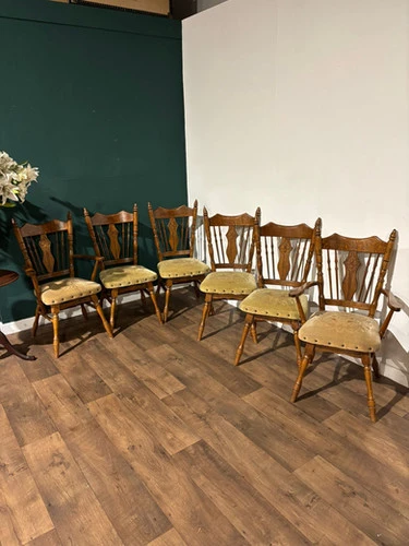Six Vintage Oak Dining Chairs To Include Two Carvers
