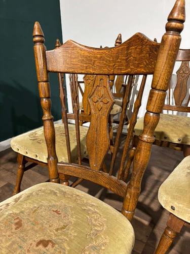 Six Vintage Oak Dining Chairs To Include Two Carvers