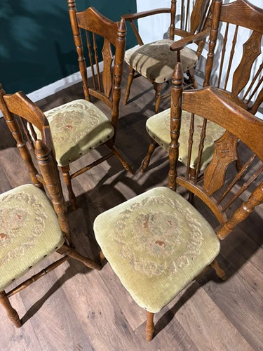Six Vintage Oak Dining Chairs To Include Two Carvers