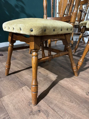 Six Vintage Oak Dining Chairs To Include Two Carvers