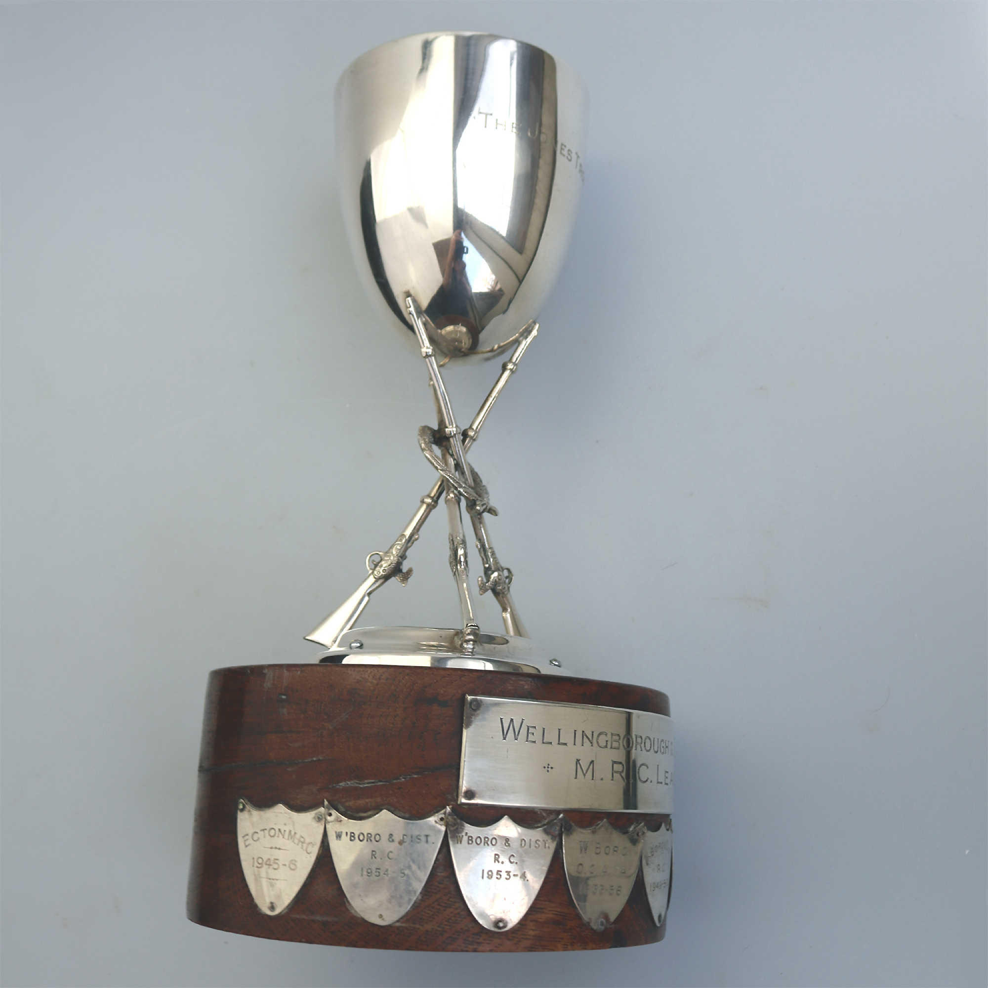 A large novelty silver plate Sporting Stacked Rifles Shooting Trophy C.1940-50