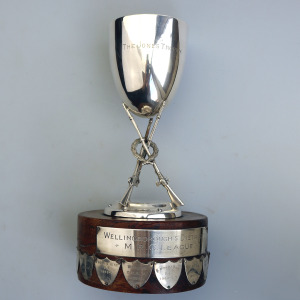 A large novelty silver plate Sporting Stacked Rifles Shooting Trophy C.1940-50