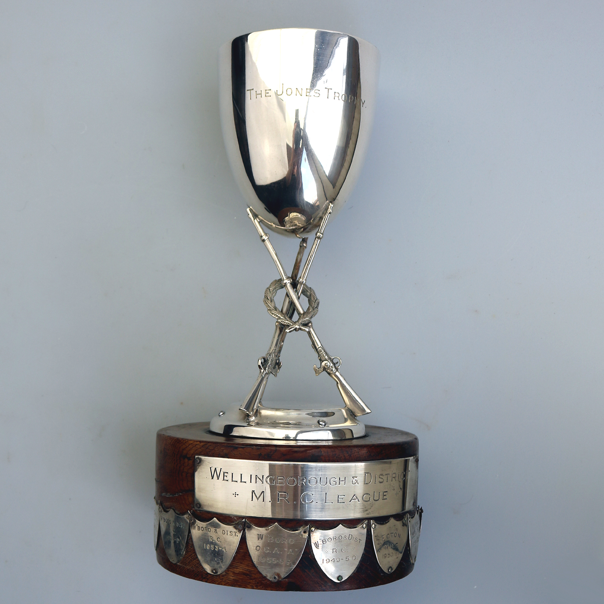 A large novelty silver plate Sporting Stacked Rifles Shooting Trophy C.1940-50