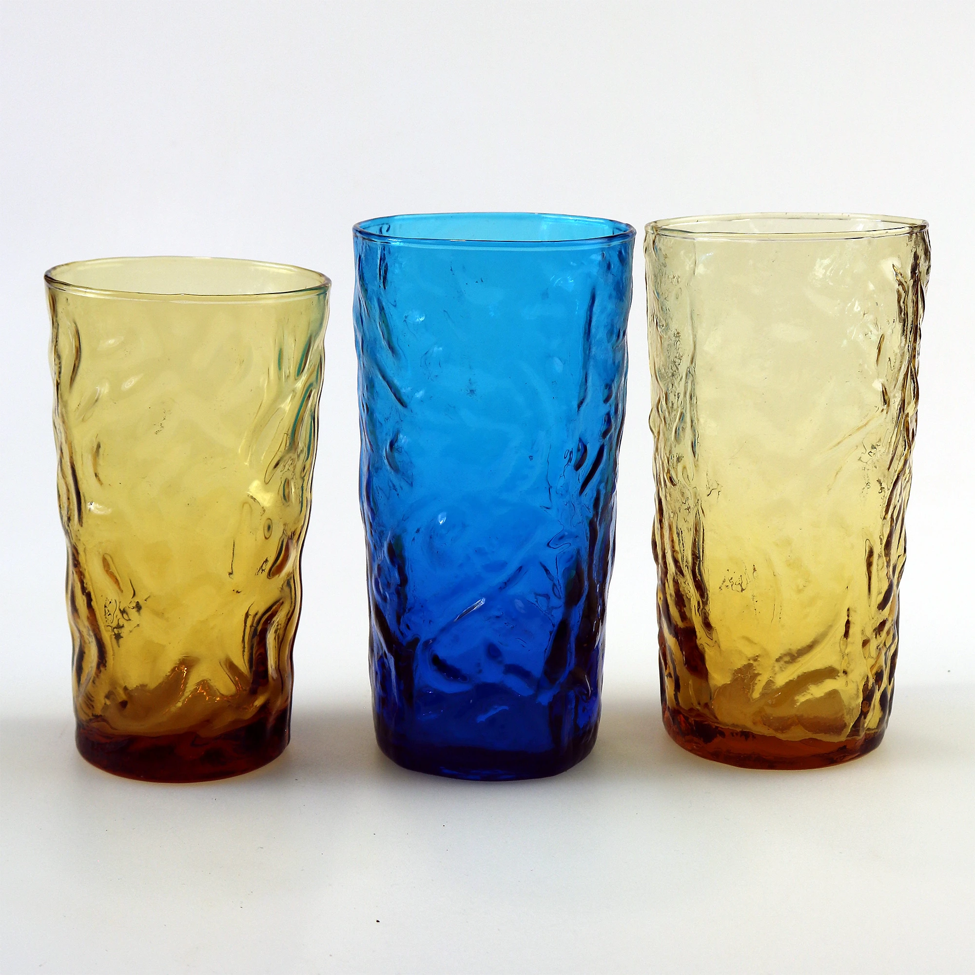 Mid-century retro pair plus 1 Highball coloured glass textured Tumblers C.1960's