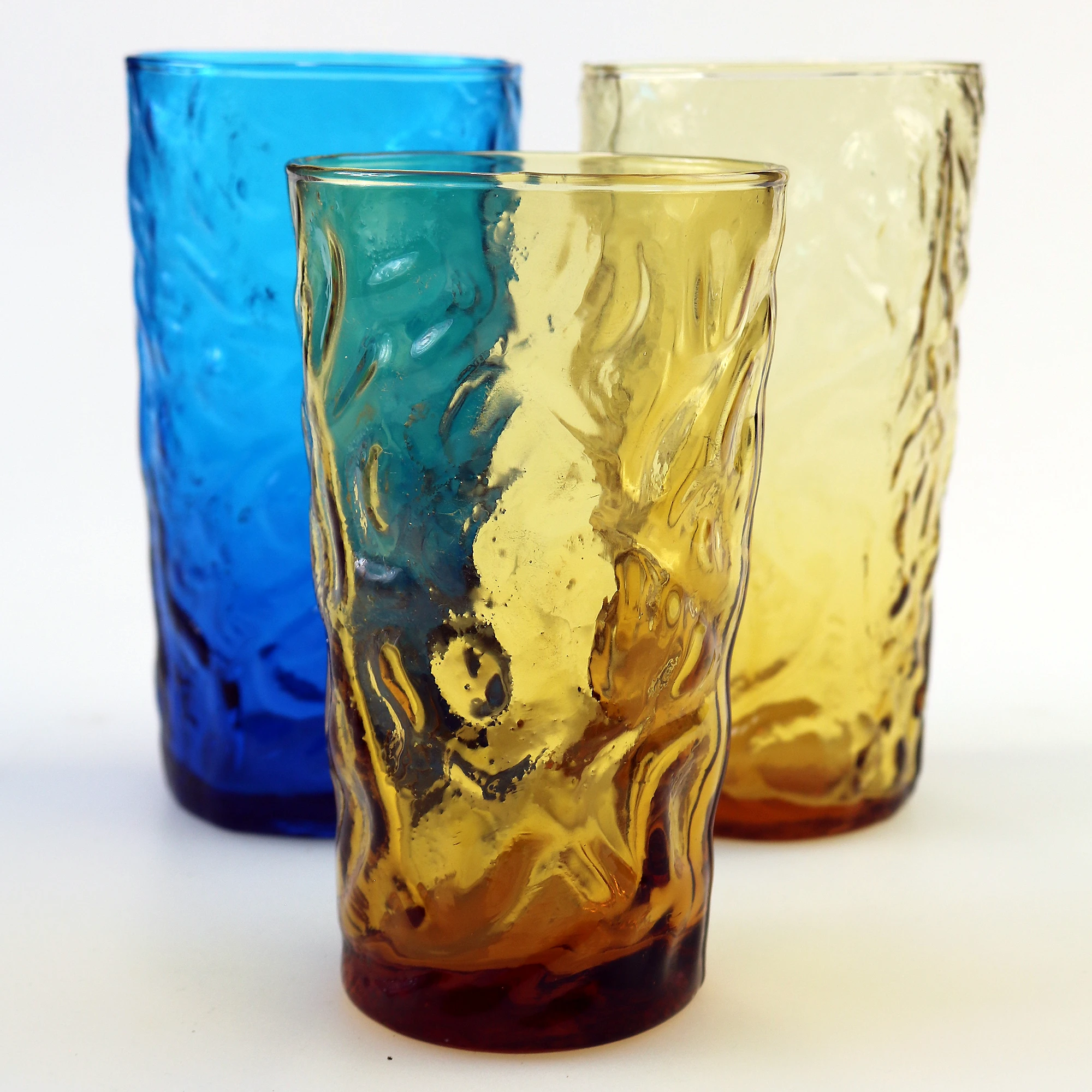 Mid-century retro pair plus 1 Highball coloured glass textured Tumblers C.1960's