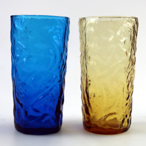Mid-century retro pair plus 1 Highball coloured glass textured Tumblers C.1960's